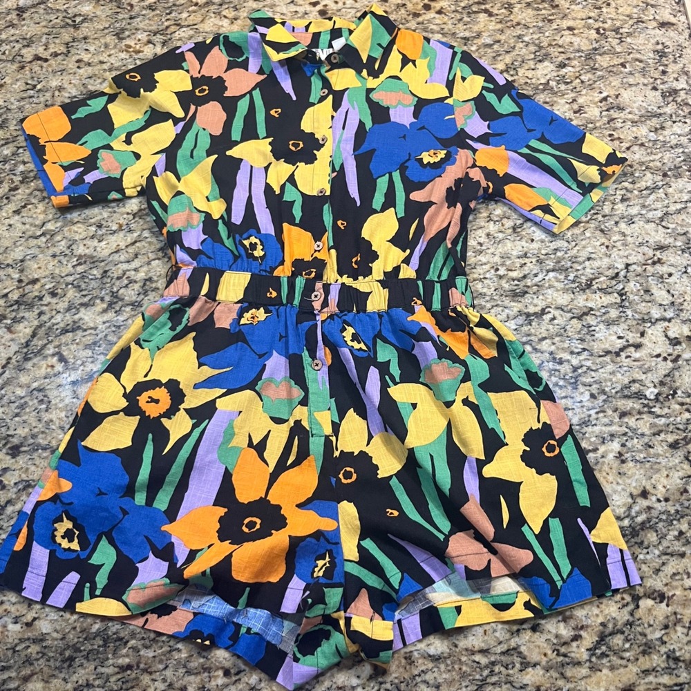 Roxy Womens Floral Button Down Romper Multi Color Short‎ Sleeve Size Small